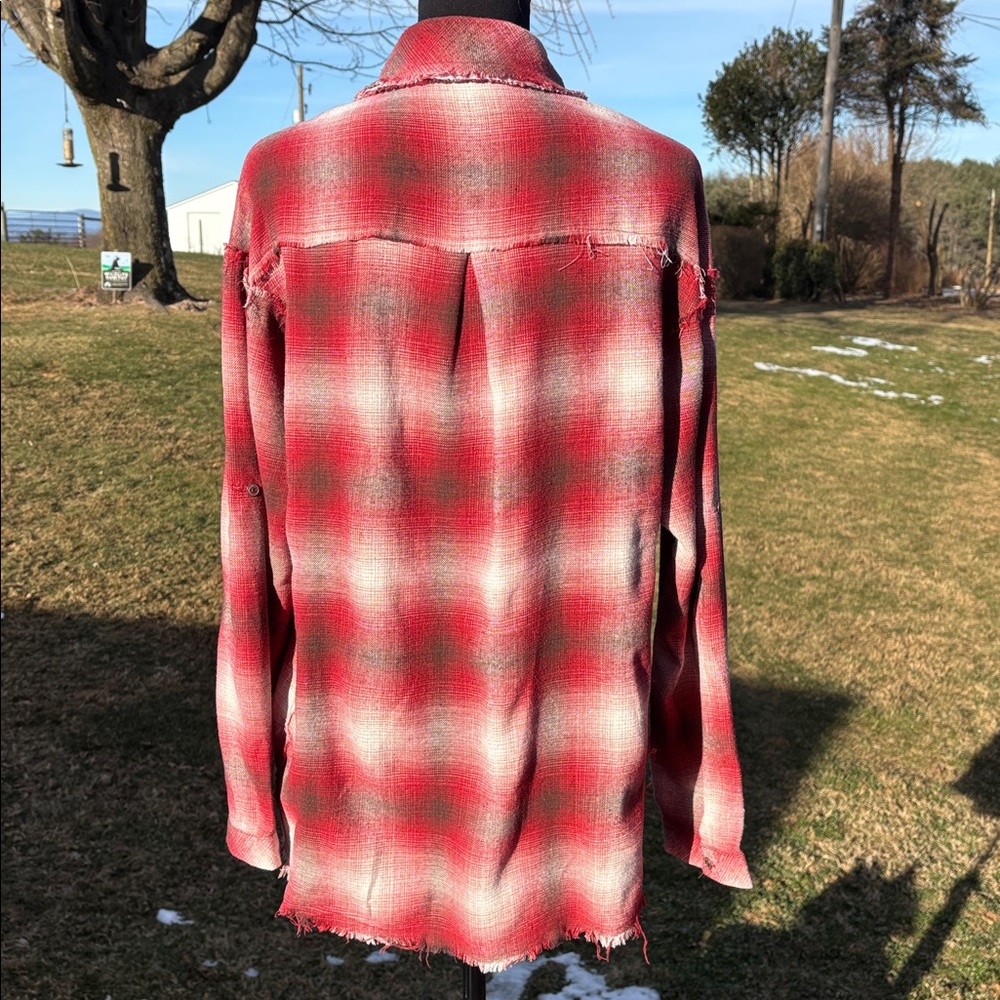 -POL Red Brown Bone Flannel Frayed Button Up Blouse Oversized Women’s Medium - Picture 4 of 13